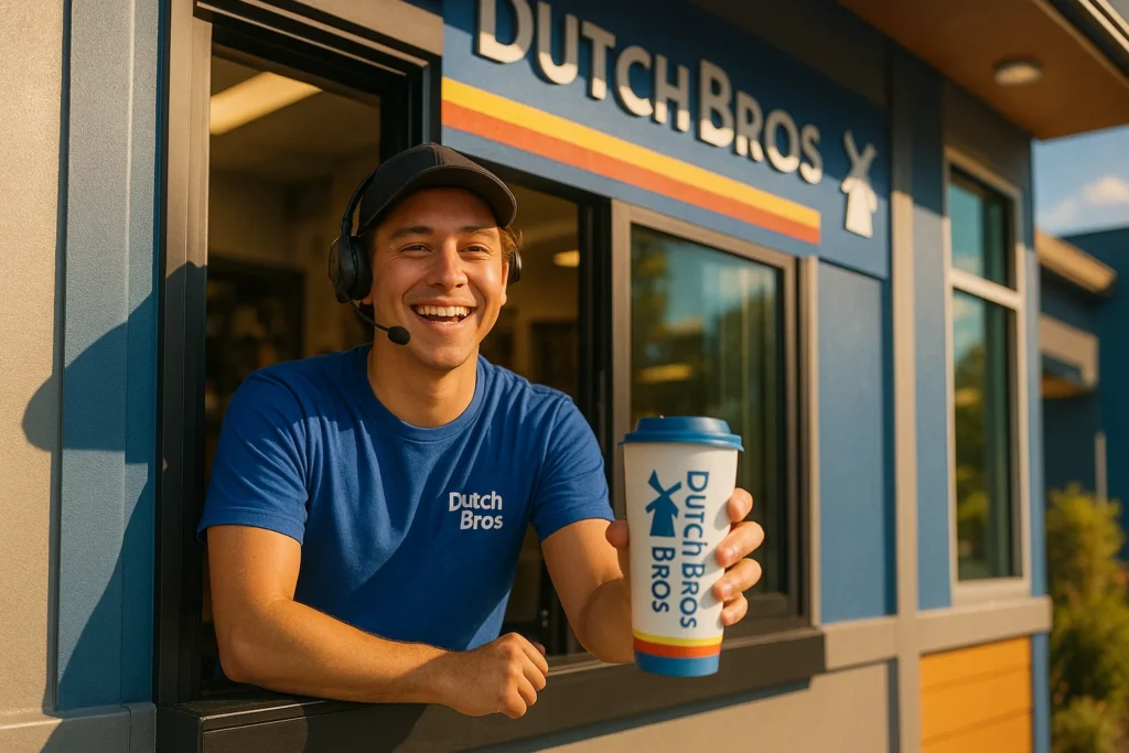 Smiling Dutch Bros barista handing a coffee cup to a customer through the drive-thru window on a sunny morning.