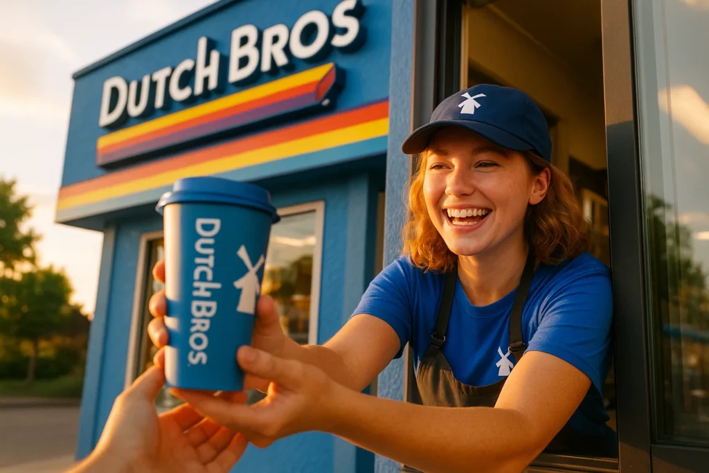Dutch Bros barista handing a coffee cup through the drive-thru window under morning sunlight.