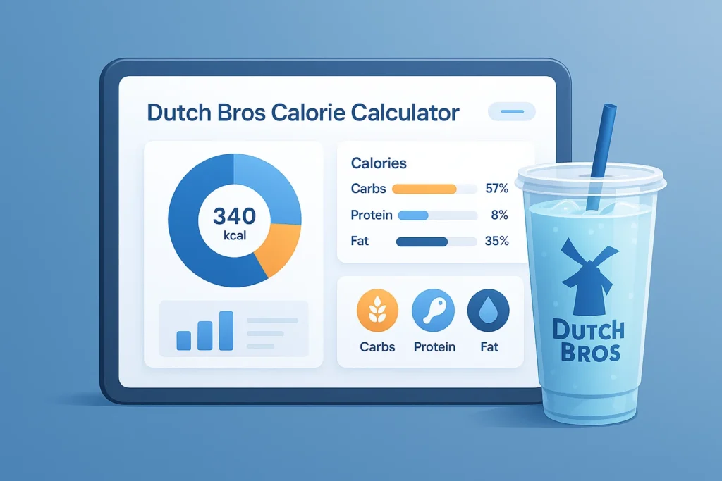 Dutch Bros calorie calculator illustration showing nutrition breakdown and drink icons.