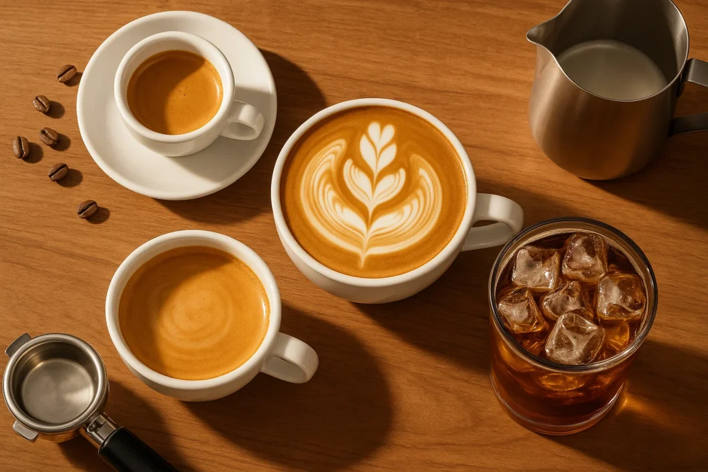 Premium Dutch Bros Coffee menu & Espresso drinks including espresso, latte, and cold brew displayed on a wooden café table.