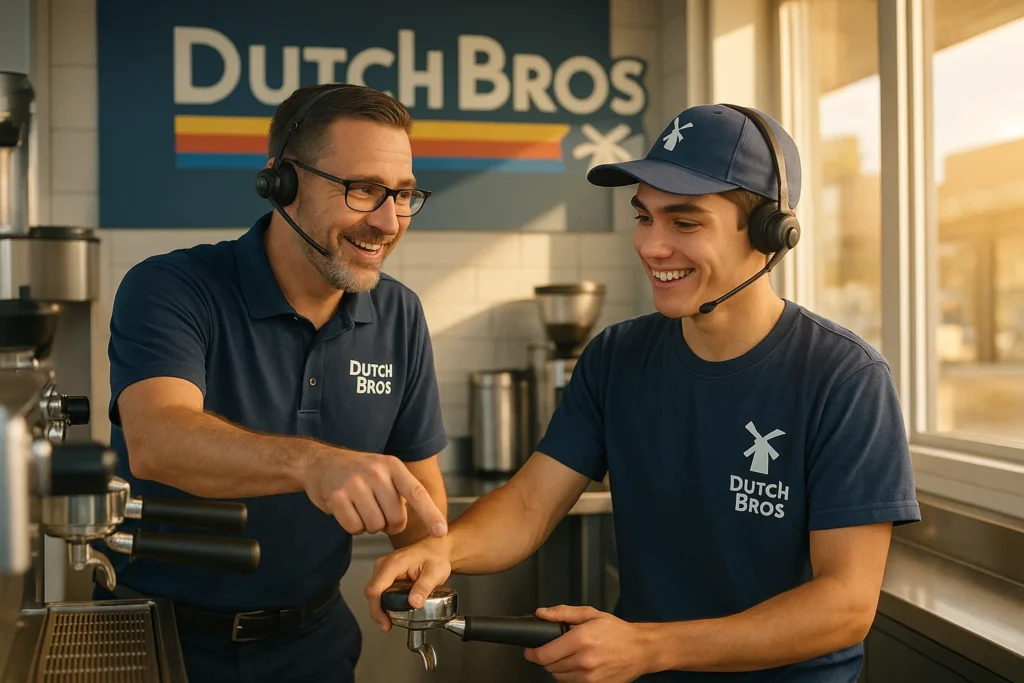 Dutch Bros manager mentoring a young barista in front of a branded coffee stand, symbolizing teamwork and career growth.”