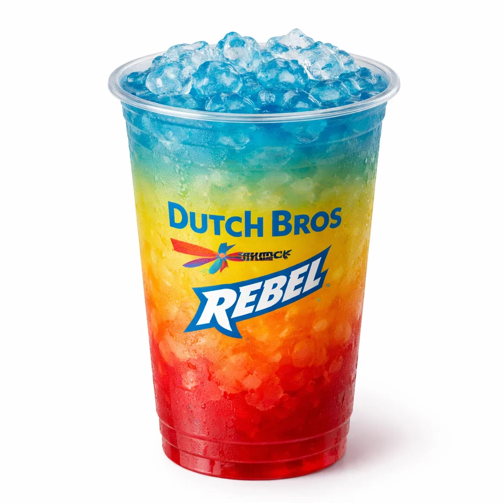 Dutch Bros Aftershock Rebel hidden menu energy drink with colorful layers on white background.