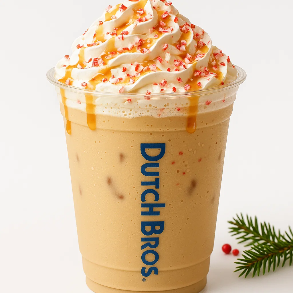 Caramel Candy Cane Breve in a Dutch-Bros–style plastic cup with whipped cream, caramel drizzle, and candy cane sprinkles on a white background.