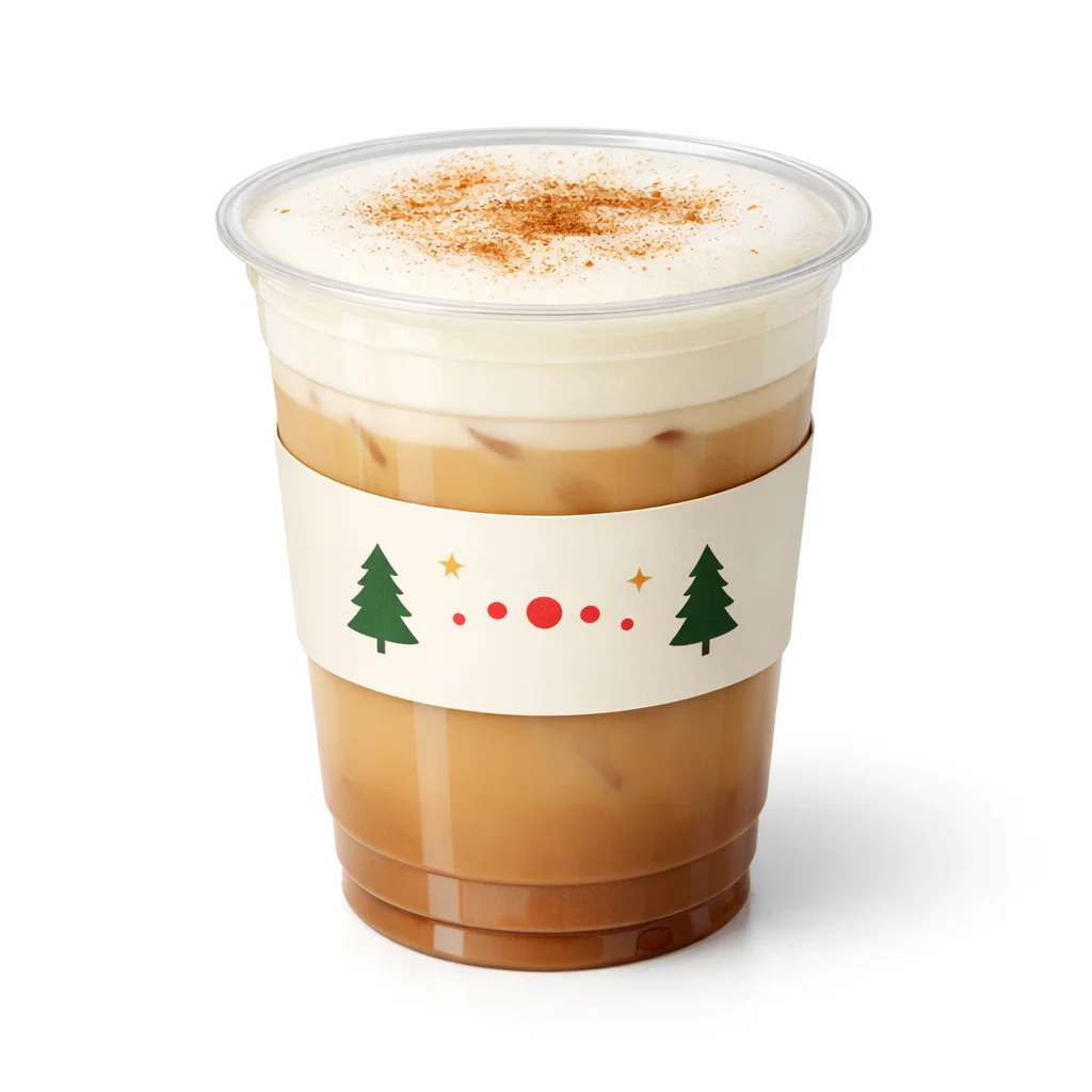 Christmas Morning Chai latte in a takeaway cup on a clean white background