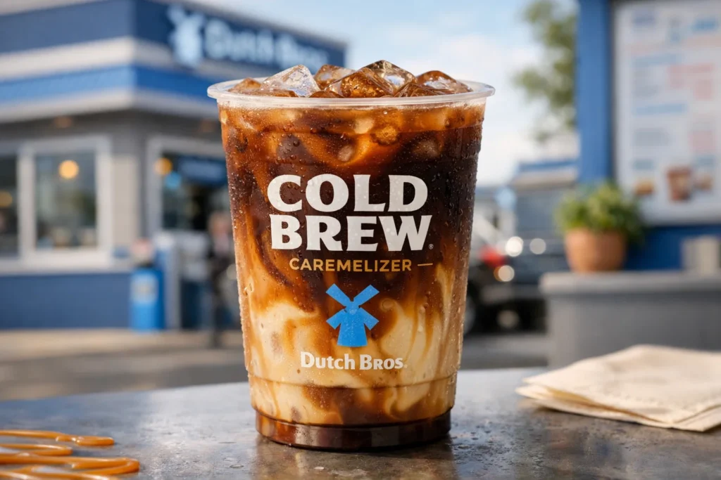 Dutch Bros Cold Brew Caramelizer iced coffee with caramel and mocha flavors.