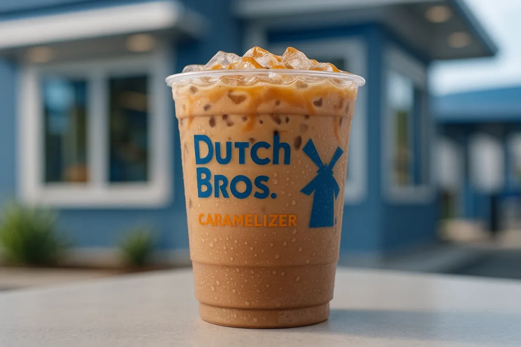 Dutch Bros Caramelizer iced mocha made with chocolate milk and caramel syrup.