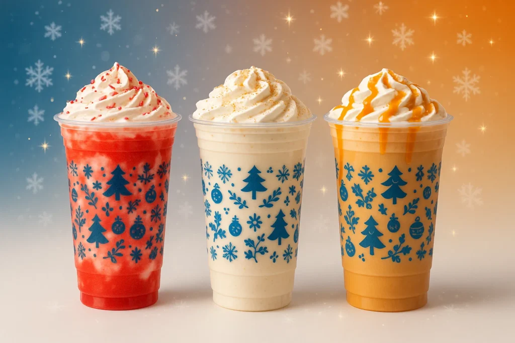 Holiday-themed Dutch Bros–style Christmas drinks in festive plastic cups with blue lids, displayed on a clean white and Dutch-Bros-themed background.