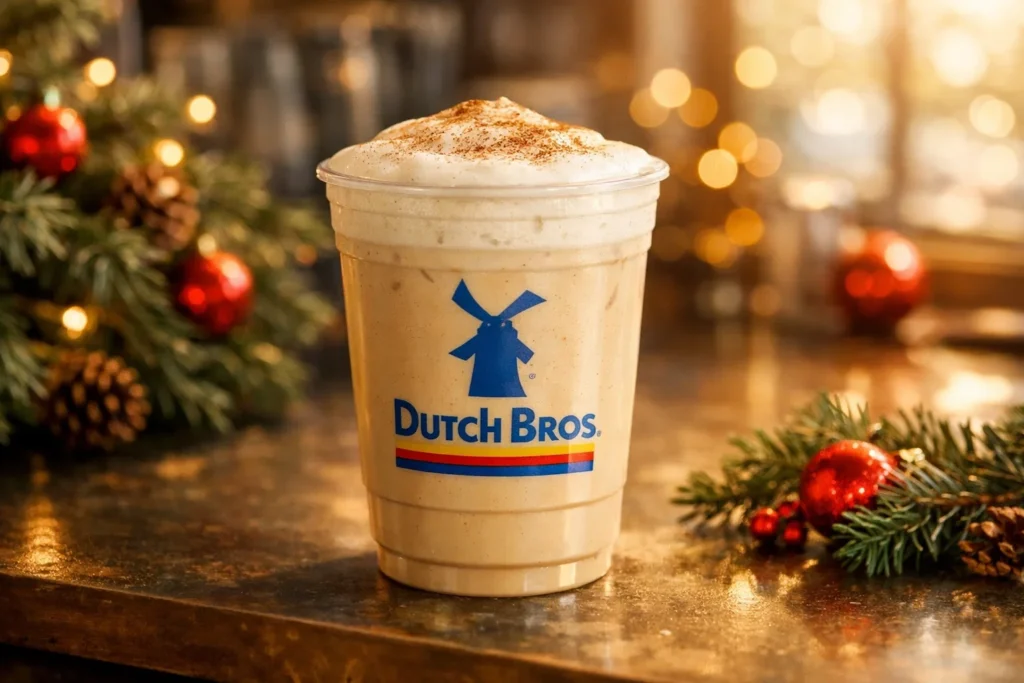 Dutch Bros Christmas Morning Chai latte in a festive holiday setting with warm lights and cinnamon topping