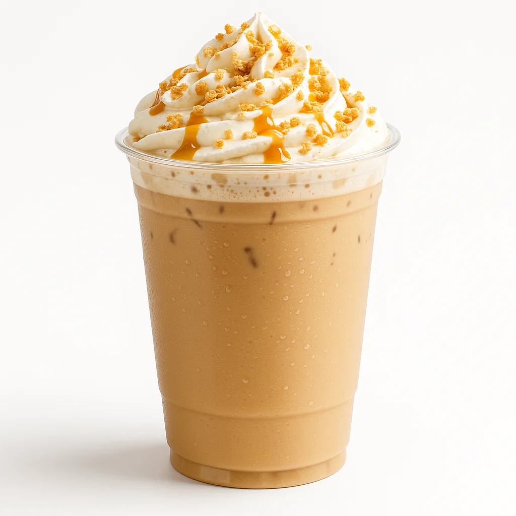 “Dutch Bros–style Hazelnut Cookie Latte in a clear plastic cup with whipped cream and cookie crumble on a white background.”