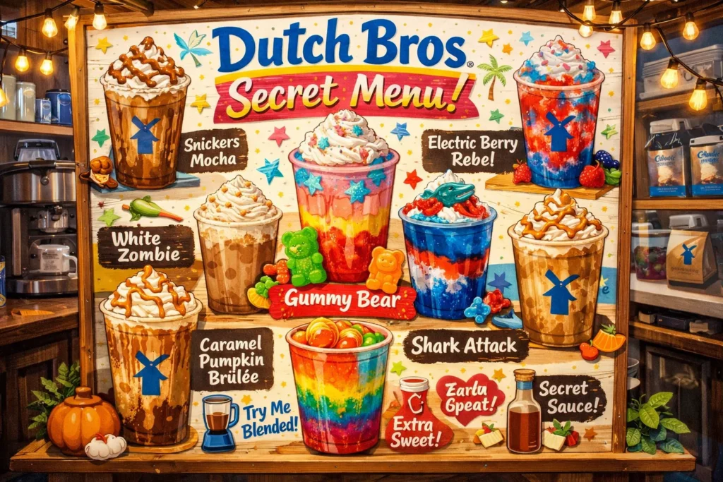 Dutch Bros hidden menu drinks with colorful iced coffee and specialty beverages.