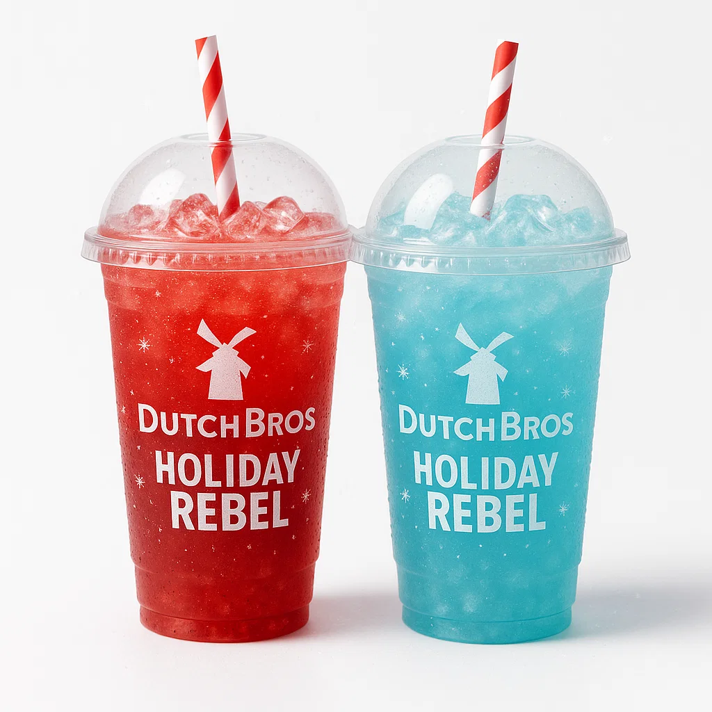 Holiday Rebel Energy Drinks in Dutch Bros–style plastic cups on a white background – festive iced energy drinks for the 2025 holiday menu.