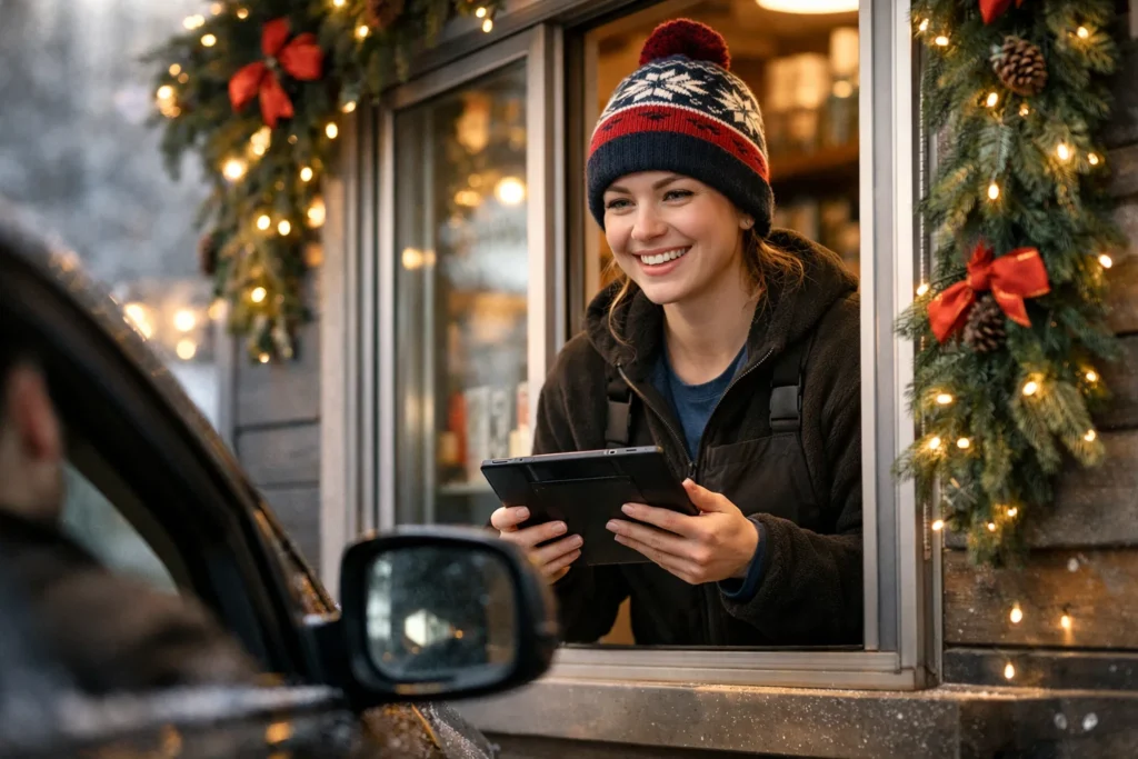 Customer ordering a holiday drink at Dutch Bros drive-thru during Christmas season