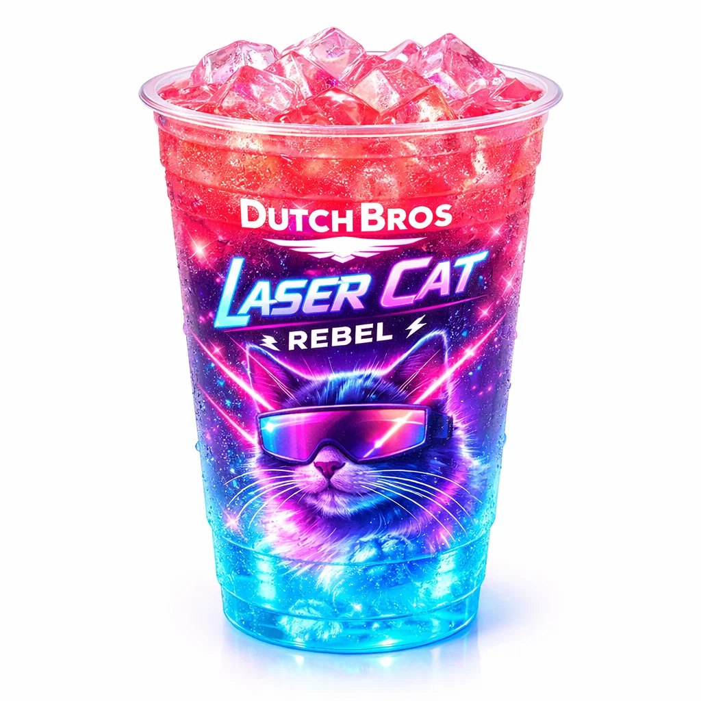 Dutch Bros Laser Cat Rebel hidden menu energy drink with vibrant layered colors on white background.