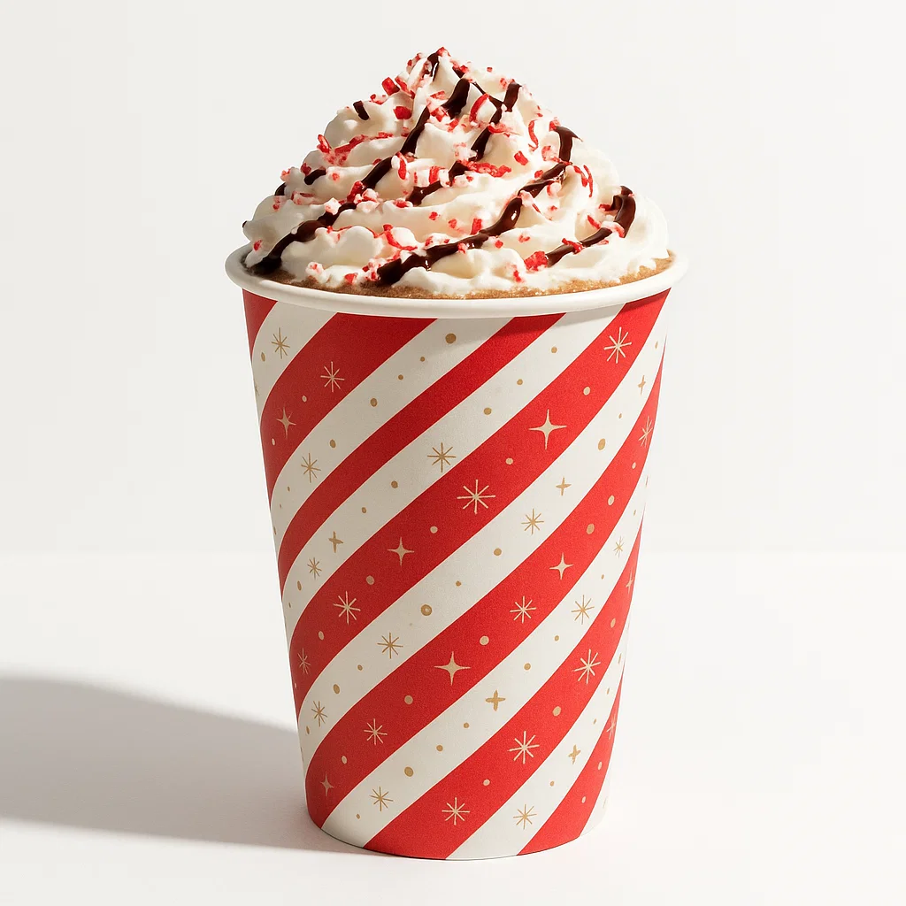 Peppermint Bliss Mocha with whipped cream and crushed peppermint on a white background – festive Dutch Bros holiday drink.”