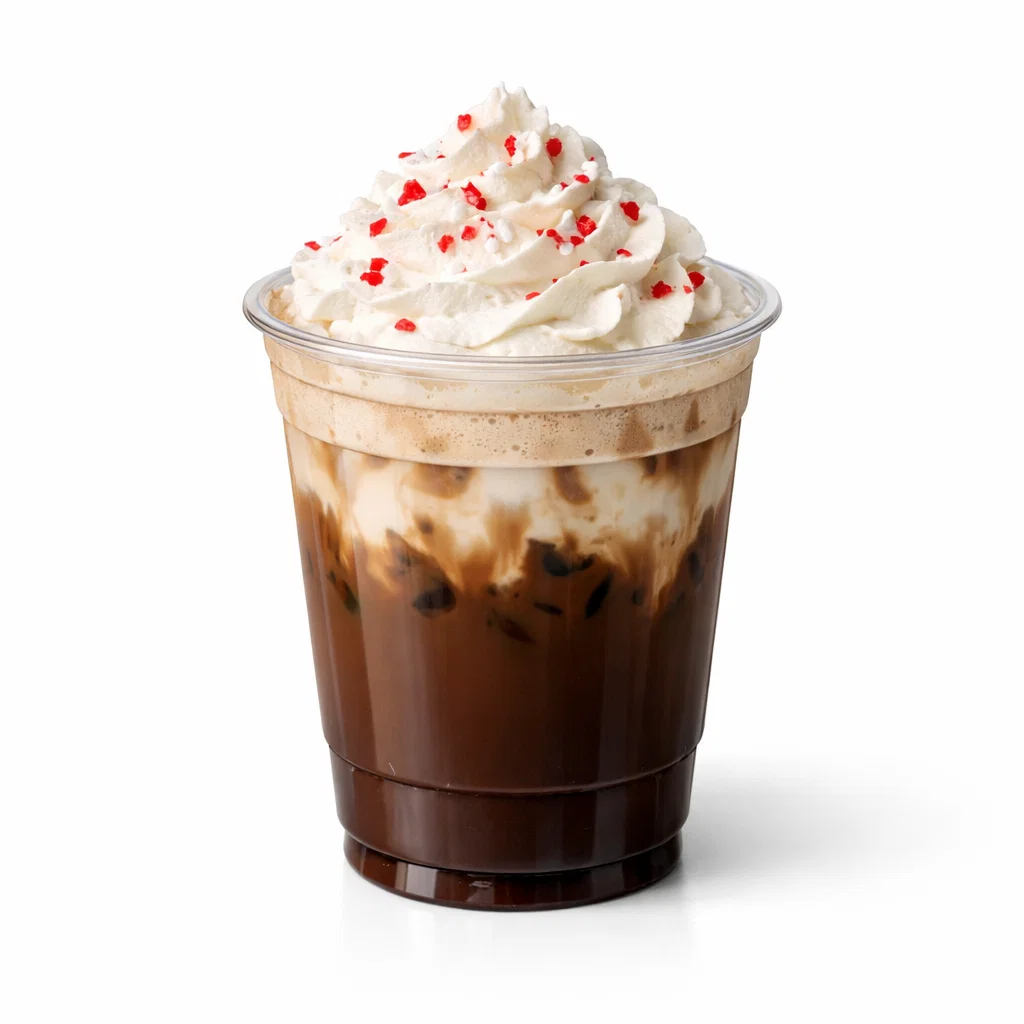 Peppermint Mocha coffee topped with whipped cream and crushed peppermint on a white background