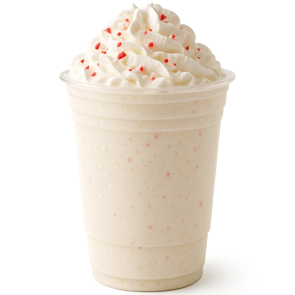 “Dutch Bros style White Chocolate Peppermint Frost in a clear plastic cup on a white background with whipped cream and peppermint pieces.”