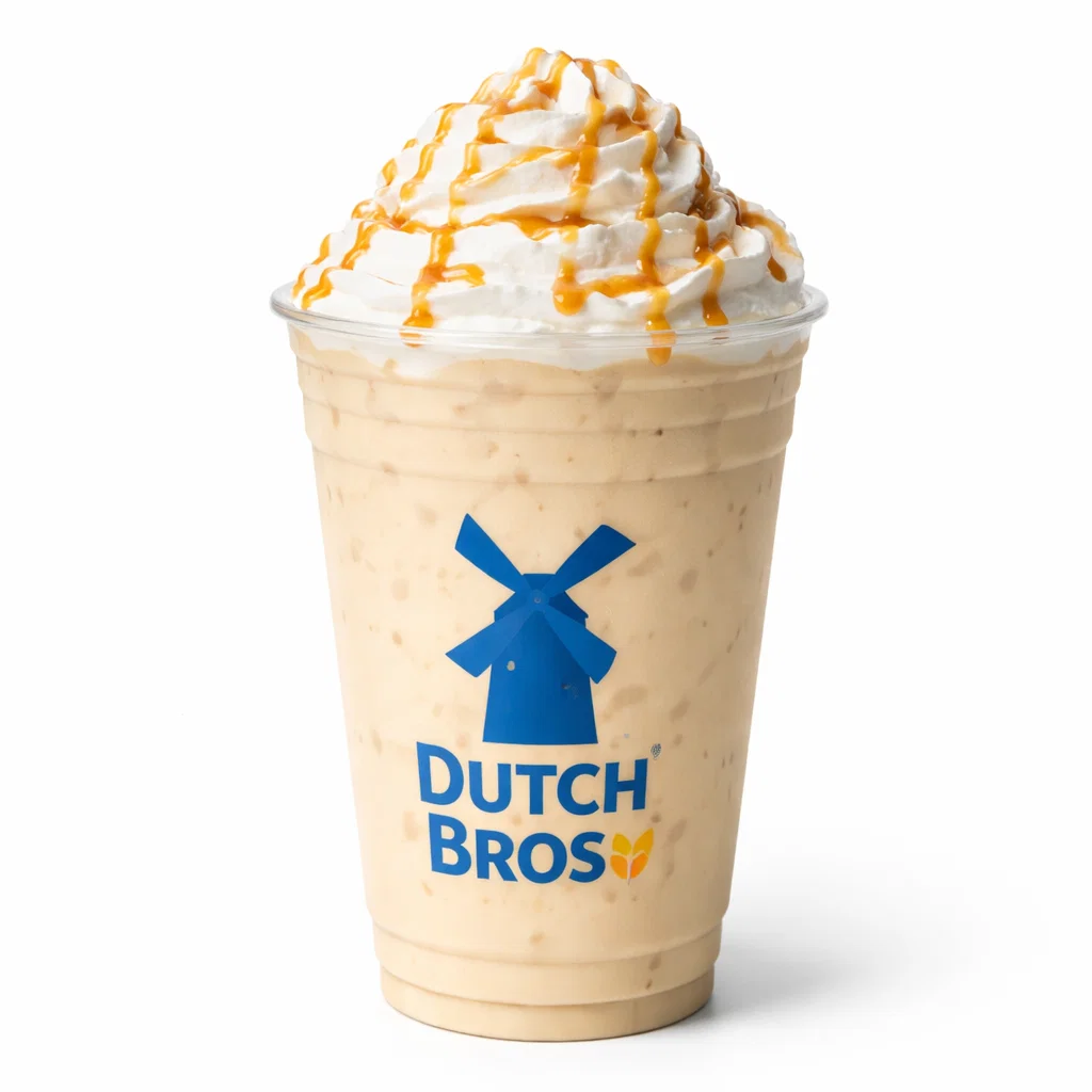 Dutch Bros White Zombie hidden favorite drink in a clear cup with whipped cream and caramel drizzle on white background.