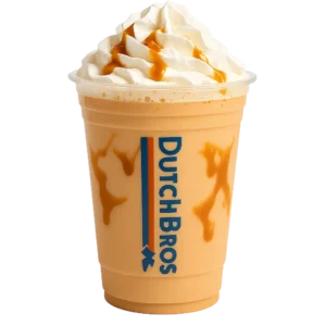 Dutch Bros Caramel Pumpkin Brulee Breve on white background with logo and caramel drizzle