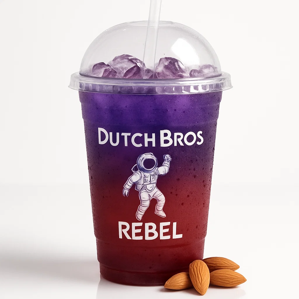 Astronaut Rebel energy drink with purple-red layers and almond garnish on a pure white background.