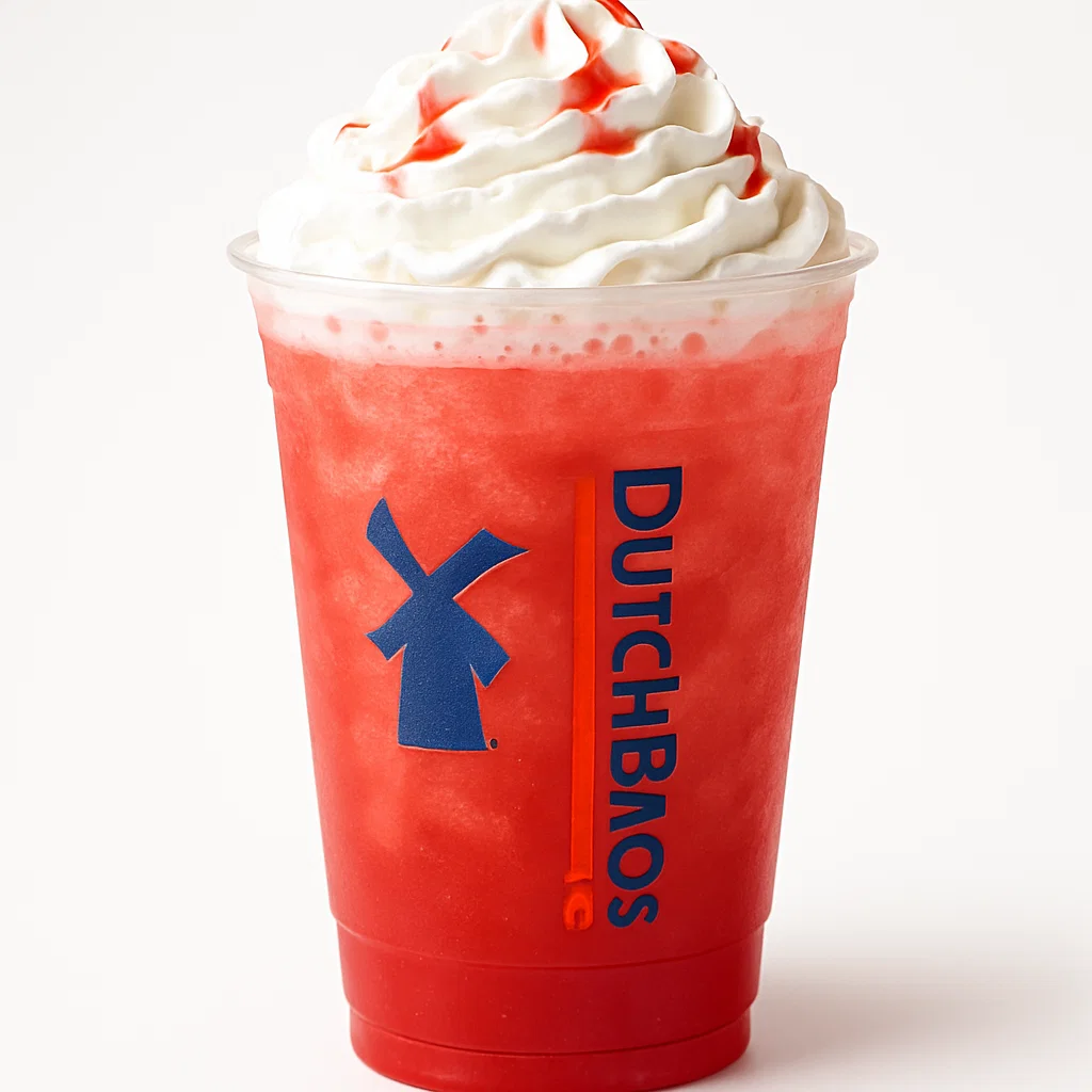 Vibrant red Dutch Bros Aftershock Rebel energy drink in a branded cup with whipped cream and berry drizzle on a white background.