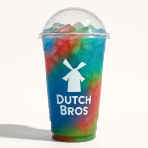 Aquaberry Dutch Bros Rebel with blue raspberry, strawberry, kiwi, and watermelon layers in a signature blue cup on a pure white background.

