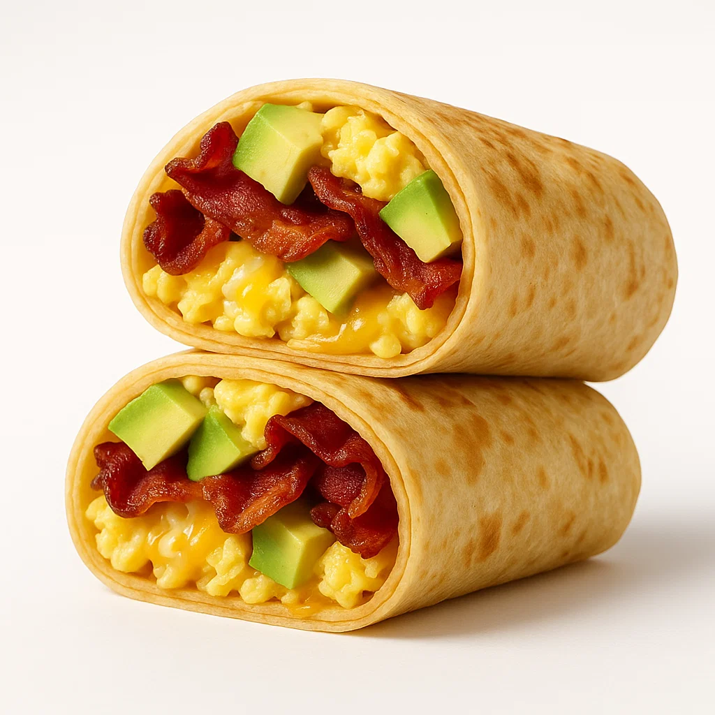 Bacon Avocado Burrito with crispy bacon, creamy avocado, and melted cheese on a white background  Dutch Bros breakfast menu item.
