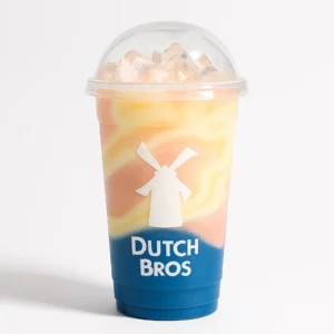Bubblegum Dutch Bros Rebel with banana, strawberry, and vanilla layers in a signature blue cup on a white background.

