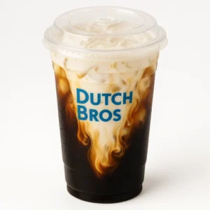 Dutch Bros Cold Brew with white cream swirl in a clear cup on a white background