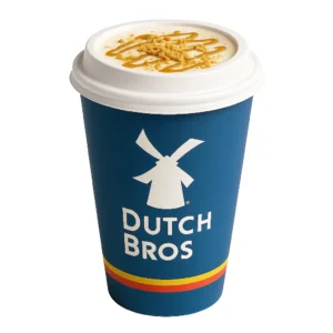 Dutch Bros Cookie Butter Latte with cream and cookie topping on white background