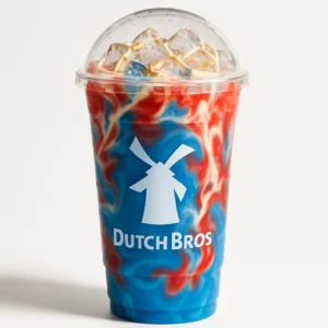 Dinosaur Egg Dutch Bros Rebel with blue raspberry, strawberry, white chocolate, and almond drizzle in a blue cup on a white background.

