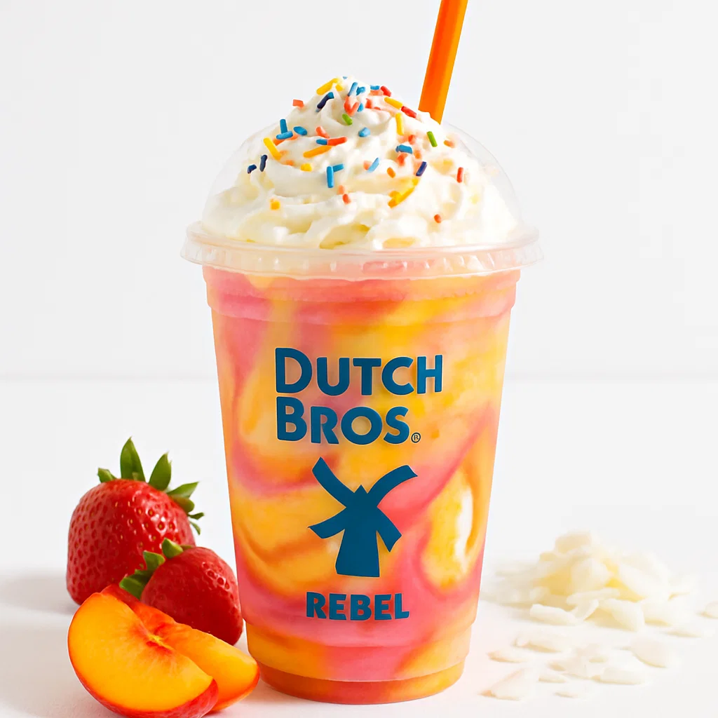 Double Rainbow Dutch Bros Rebel drink with strawberry, peach, and coconut layers in a clear cup, surrounded by tropical fruits