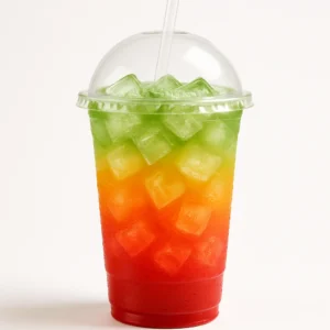 Double Rainbro Rebel energy drink layered in red, orange, and green with ice in a clear unbranded cup on a pure white background.

