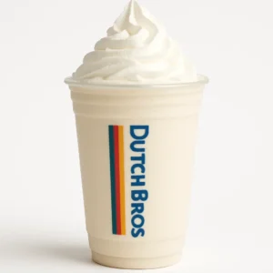Dutch Bros Almond Bar blended white chocolate and almond drink with whipped cream in a clear branded cup, on white background.

