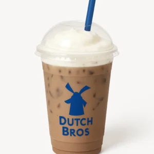 Dutch Bros Annihilator iced drink with soft top in branded cup on white background