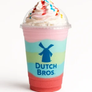 Dutch Bros Aquaberry Shake with whipped cream and colorful drizzle on a white background.