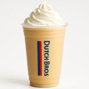 Dutch Bros Banana Bread blended drink with whipped cream in a clear branded cup, on white background.

