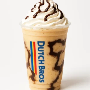 Dutch Bros Banana Split blended drink with whipped cream and chocolate drizzle in a clear branded cup, on white background.

