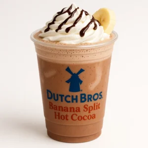 Dutch Bros Banana Split Hot Cocoa with vanilla, banana, dark chocolate, and whipped cream on white background