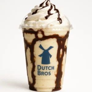 Dutch Bros Banana Split Shake with vanilla, banana, and dark chocolate flavors, topped with whipped cream, on a white background.
