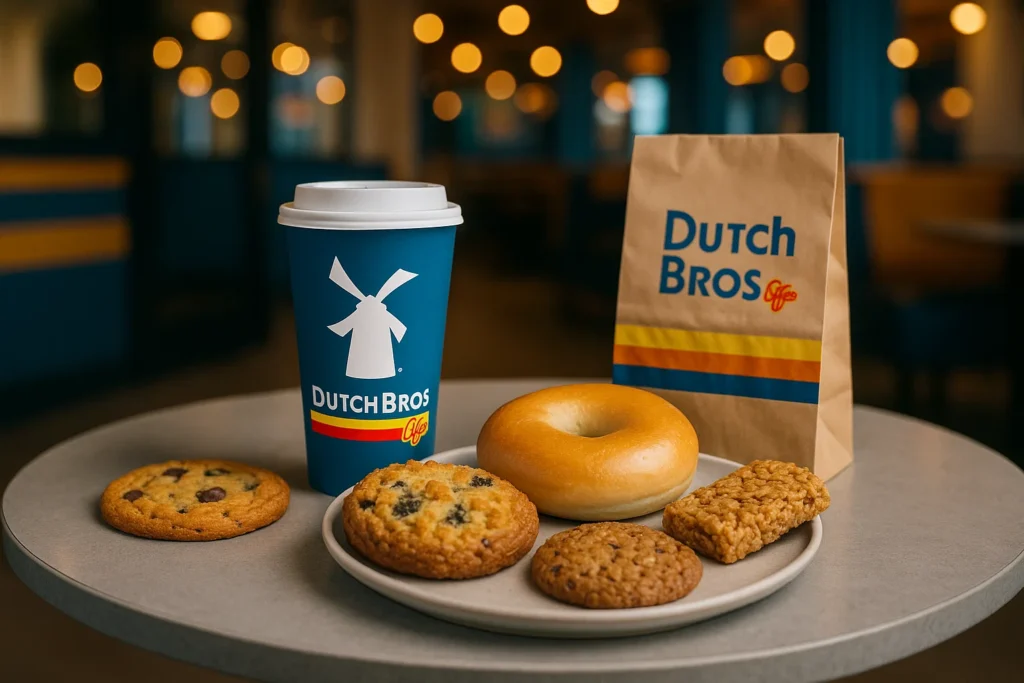 Dutch Bros breakfast menu with muffin tops, bagels, cookies, granola bar, and coffee served in a cozy coffee shop setting