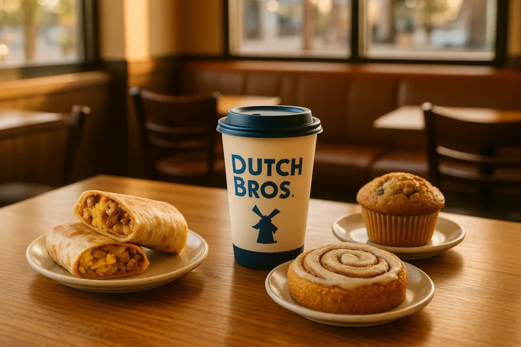 Dutch Bros breakfast items including burrito, muffin, and coffee cake served with a branded coffee cup in a cozy cafe setting.