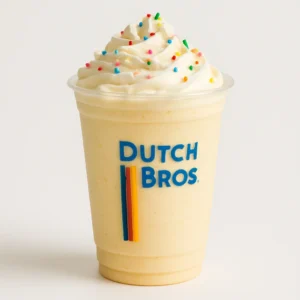 Dutch Bros Cake Batter blended drink with whipped cream and rainbow sprinkles in a clear branded cup, on white background.

