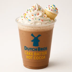 Dutch Bros Cake Batter Hot Cocoa with cupcake flavor, whipped cream, and sprinkles on white background