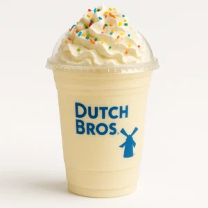 Dutch Bros Cake Batter Shake with cupcake flavor, whipped cream, and sprinkles on a white background.