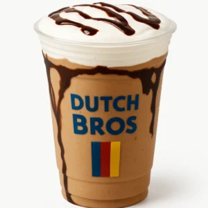 Dutch Bros Campin’ Freeze blended mocha with Soft Top and chocolate drizzle in a branded clear cup on white background.

