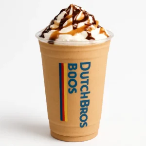 Dutch Bros Caramelizer blended coffee drink in a clear branded cup with caramel and chocolate drizzle on top, isolated on white background.

