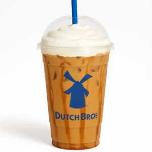 Dutch Bros Caramelizer iced drink with caramel drizzle and soft top on white background

