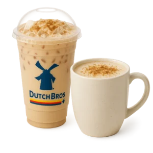 Dutch Bros Chai Latte served hot and iced with cinnamon and cardamom on top, in a cozy coffee shop setting.

