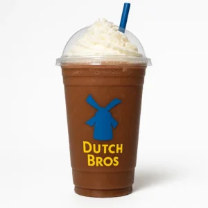 Dutch Bros Cocomo iced drink with soft top and coconut mocha in clear branded cup on white background

