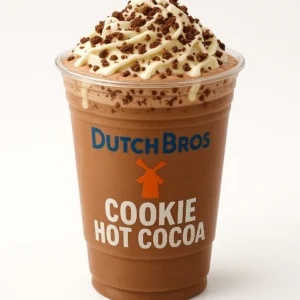Dutch Bros Cookie Hot Cocoa with white chocolate, macadamia nut flavor, whipped cream, and cookie crumbles on white background